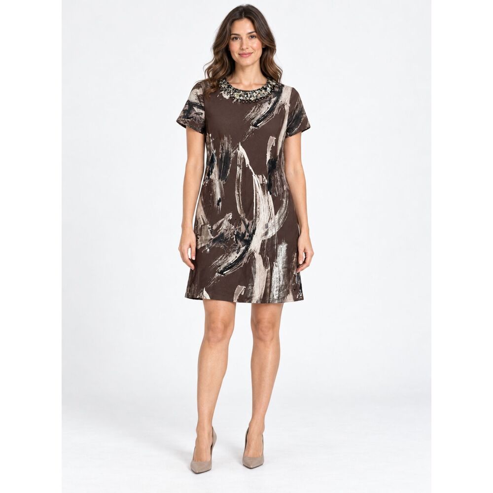 100% Linen Rickie Freeman Teri Jon Abstract Print Embellished Neck Dress 4